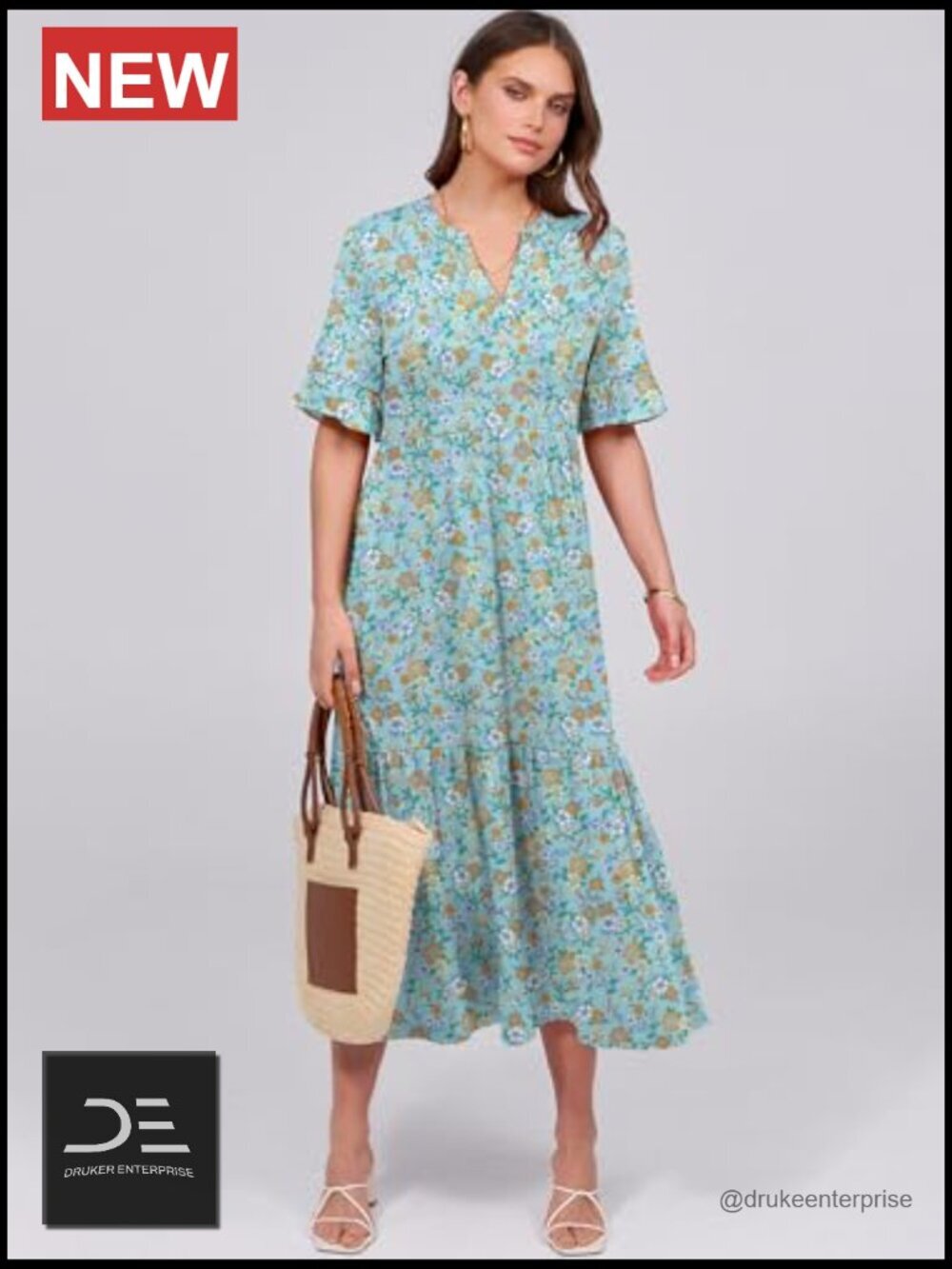 Ruffle Short Sleeve Maxi Dress, V-Neck Tiered with Pockets, Flowey Summer Dress - Picture 3 of 7